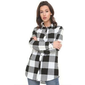 Women's Long Sleeve Plaid Flannel Button-Up Shirt Black & White Large